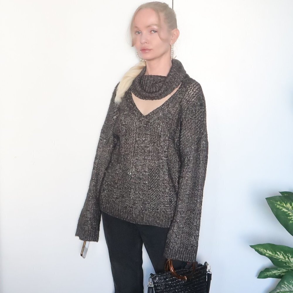 Urban Outfitters Cable Knit Cowl Neck Grey Sweater / Pullover With Cutout